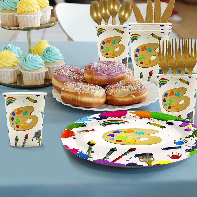 Paint Artistic Graffiti School Kindergarten Party Disposable Tableware for Student Kids Paper Cup Plates Birthday Decorative