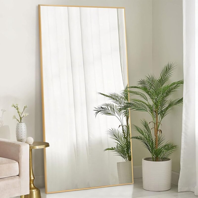 Espejo de suelo de longitud completa de gran tamaño con soporte para dormitorio, espejo de tocador dorado de 71 "X 28", espejos sin carga, cuerpo Led para sala de estar