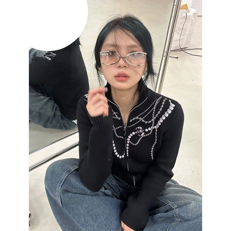 Deeptown-cárdigan de punto Vintage con cremallera para mujer, suéter de cuello alto con gráfico Harajuku, ajustado, moda coreana, ropa de calle Grunge, Otoño, Y2k