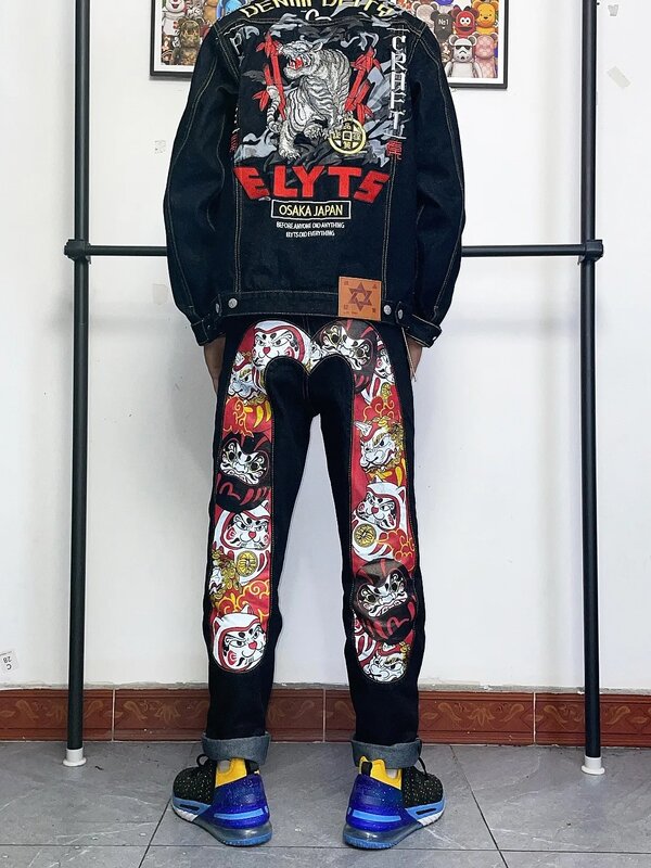 Повседневные брюки в стиле Харадзюку Y2k, джинсы-багги Evisus с вышивкой, прямые широкие брюки для мужчин, уличная одежда в стиле хип-хоп