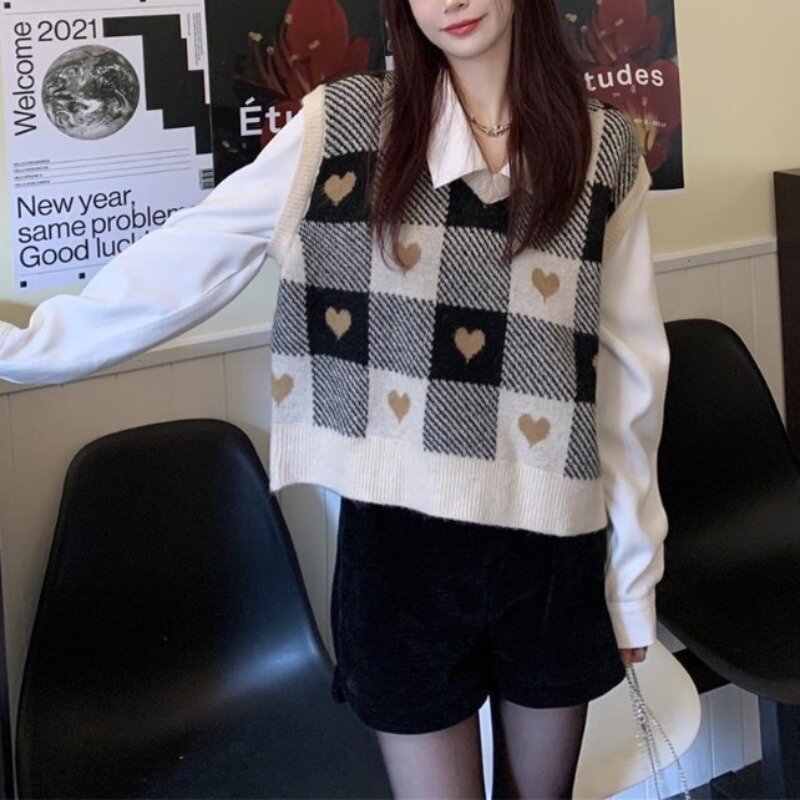Women's Autumn Winter Love Plaid V-neck Knitted Sweater Vest Fashion Casual Versatile Pullover Loose Fashion Elegant Print Tops