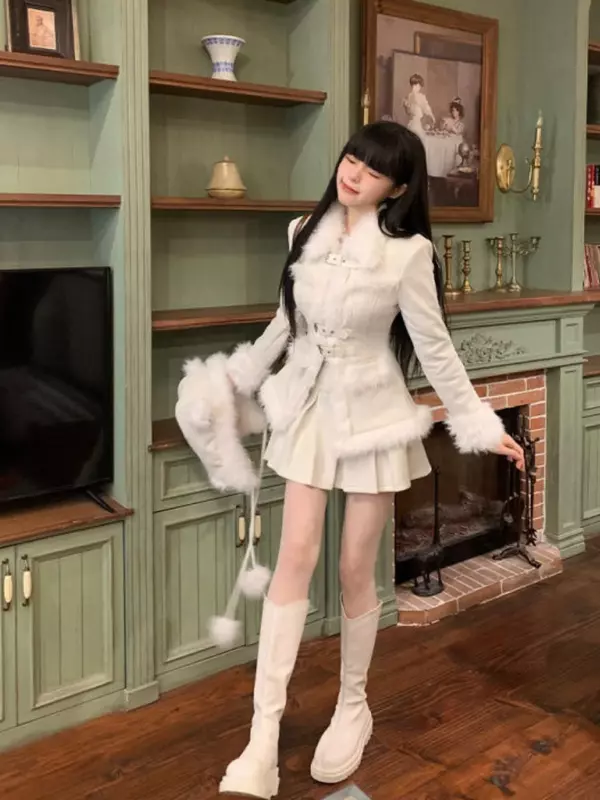 2024 coreano moda 2 pezzi set donna Casual manica lunga elegante Y2K cappotto invernale + ufficio signora dolce gonna corta da festa