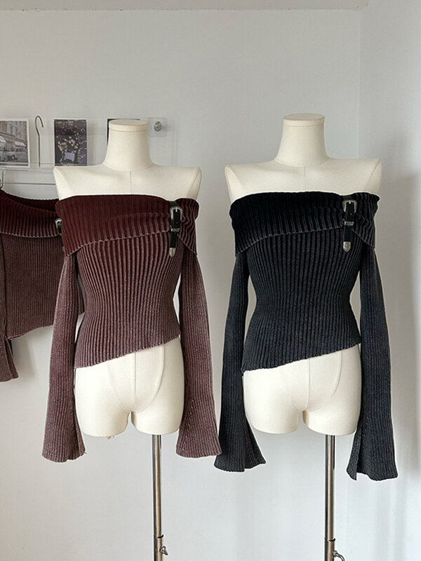 Modny prosty klasyczny sweter z dzianiny z szerokim dekoltem, bez ramienia swetry z długim rękawem rozkloszowany rękaw jesień zima Y2K Streetwear