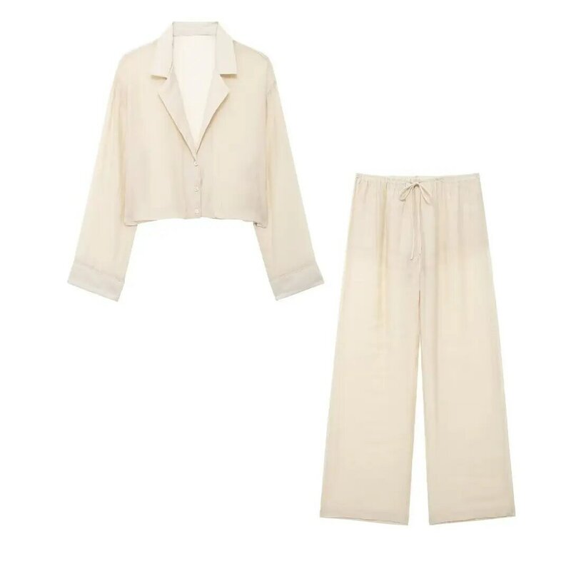 Traje de 2 piezas para mujer, camisa de versión corta translúcida, blusa Retro de manga larga + pijama informal, pantalones de estilo, 2024
