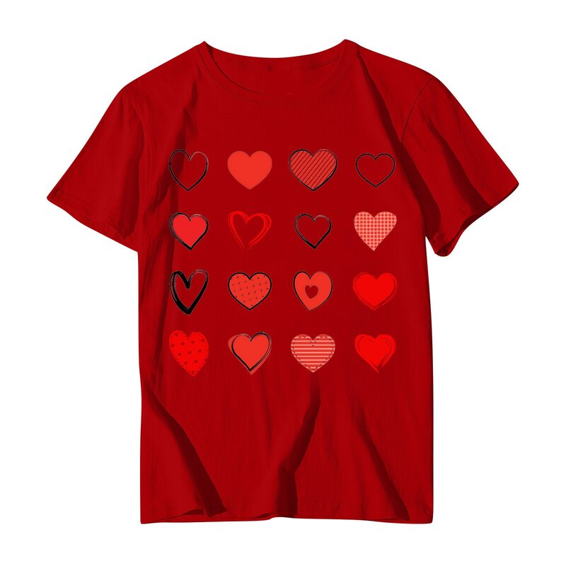 Camisa estampada para el Día de San Valentín para mujer, Jersey informal holgado de cuello redondo, Top de manga corta, llamativo y versátil