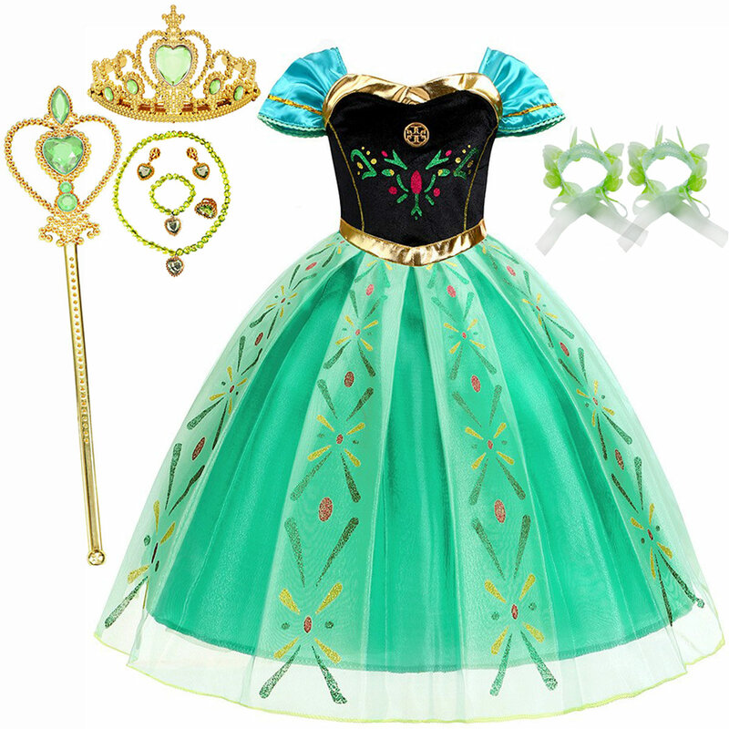 Costume de Princesse Anna à Paillettes pour Fille, Robe Courte de Carnaval, Cosplay, Tenue de ixd'Anniversaire Verte