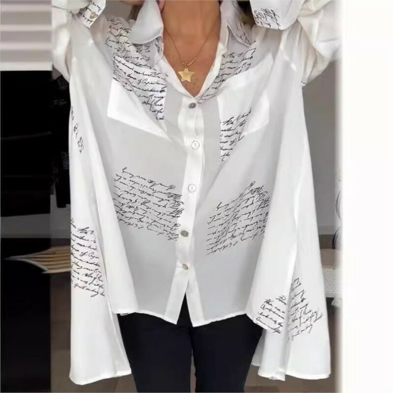 Women's Casual Loose Letter Lapel Long Sleeved Letter Shirt Spring & Summer Blouses For Women Fashion 2024 Blusas De Mujer 5XL