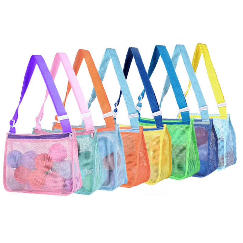 Ajustável Malha Praia Shoulder Bag Para Crianças Toy Organizer Net Zipper Strap Bolsa De Armazenamento Criança Shell Coletando Saco Balde Redondo