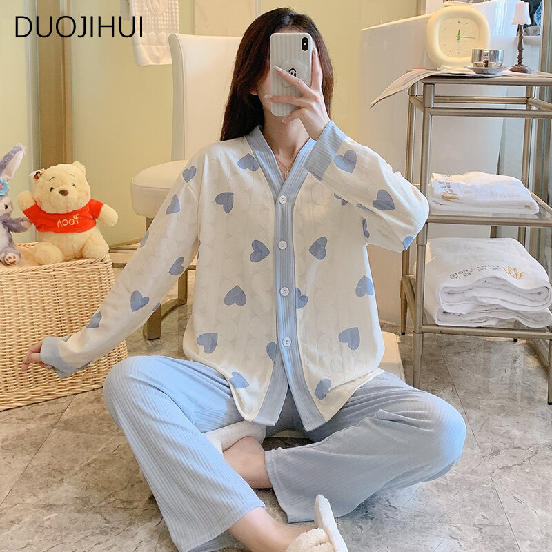 DUOJIHUI-Conjunto de pijama feminino de duas peças, cardigã com decote em v, Calça solta básica, moda casual em casa, doce e simples, outono