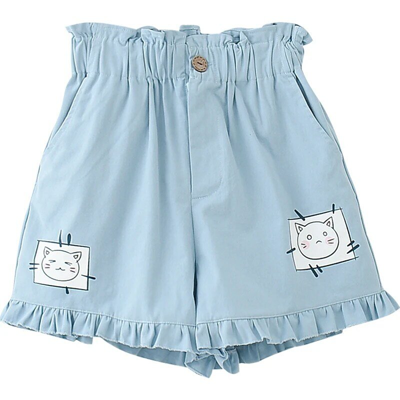 Летняя женская одежда, винтажные шорты в стиле колледжа с оборками, милые голубые шорты в японском стиле для девочек-подростков, мягкие шорты с милым мультяшным принтом кошки