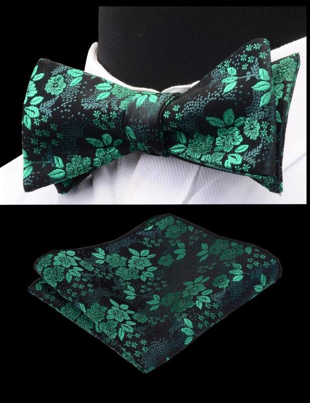 Fashion Silk Self-knotted Floral Bowtie Set for Man Green Bowknot Handkerchief Party Business Office Wedding Gift Accessories