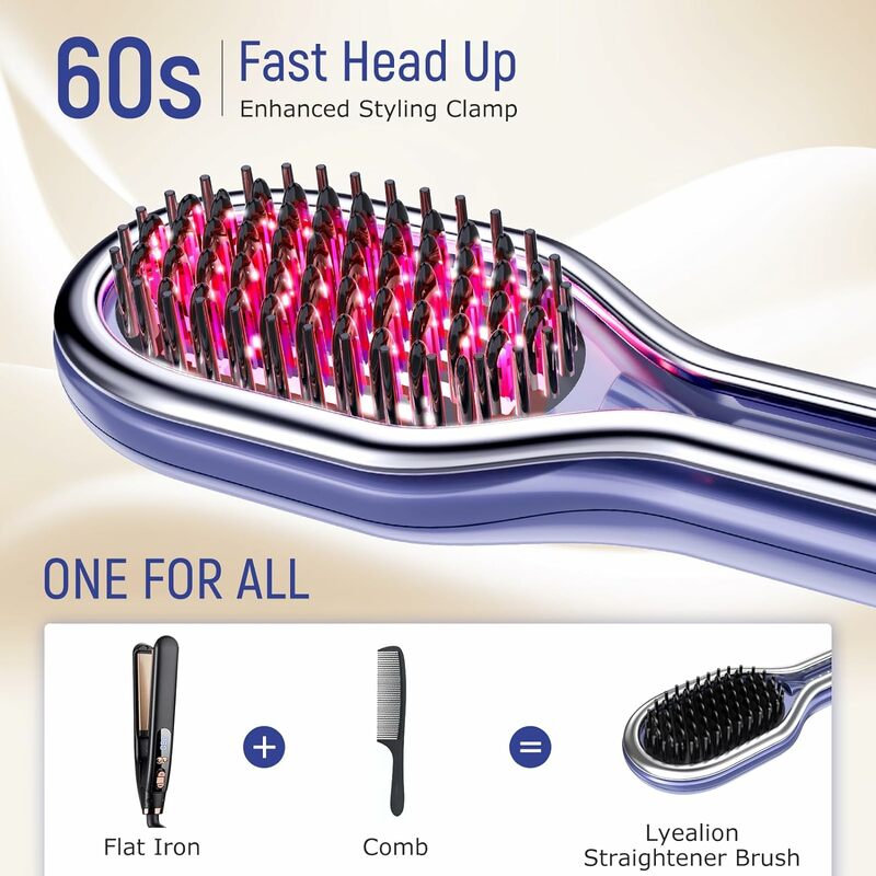 Hair Straightener Brush | Negative Ionic Straightening Comb with Dense Bristles,Styling Clamp, 4 Temps Setting, Anti-Scald & Aut