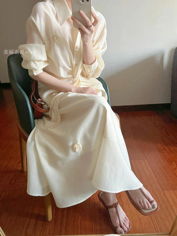 Camisa feminina branca em flor 3D e meia saia, camisa de protetor solar, estilo francês, verão, 2024