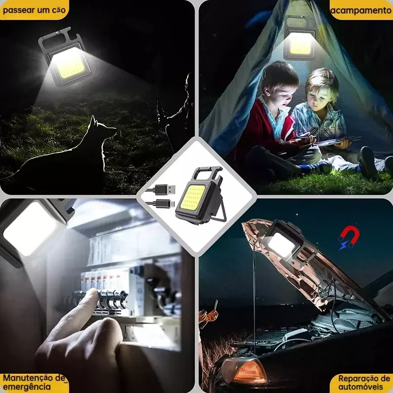 Multifuncional Mini LED Lanterna Chaveiro, portátil COB Camping Lâmpadas, carregamento USB, luzes de trabalho, lanterna de pesca, 100-800LM