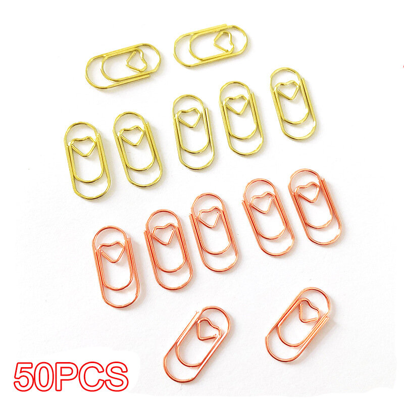 50pcs /bag mini heart golden Clip Bookmark binder clip Office Accessories Stainless Steel paper Clips Patchwork Clip