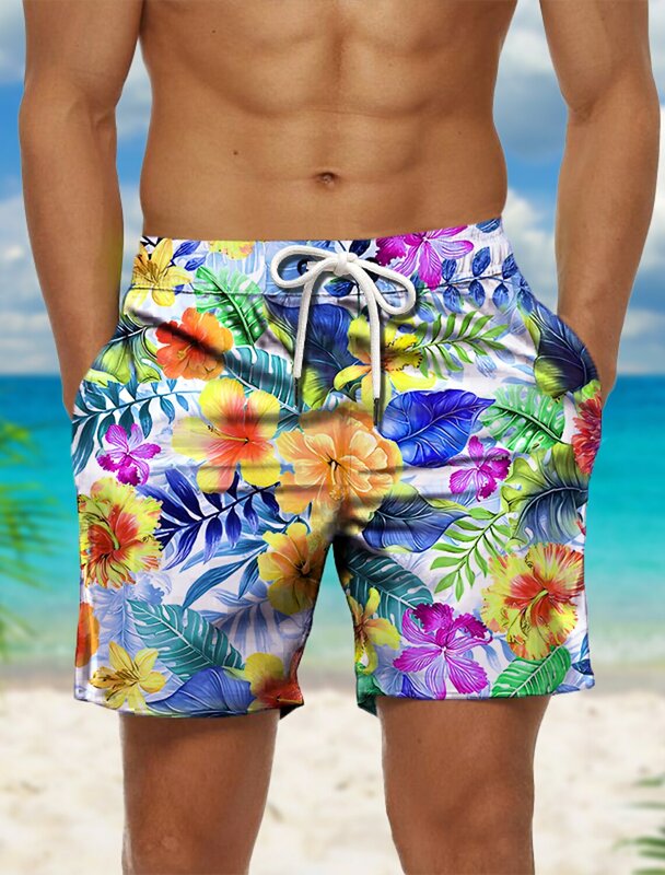 Bañador corto con cordón para hombre, traje de baño con estampado gráfico de flores, Floral, secado rápido, informal, Hawaiano, para vacaciones