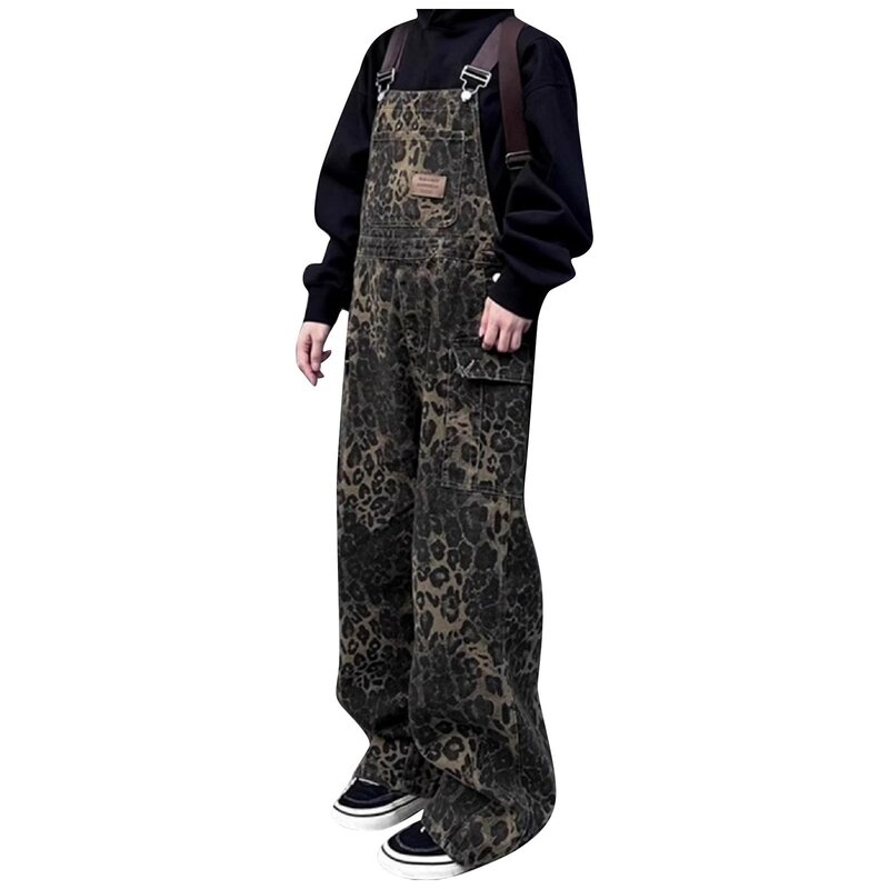 Macacão leopardo vintage feminino, streetwear coreano, jean largo de cintura alta, calça jeans longa, macacão Harajuku Y2K, moda primavera