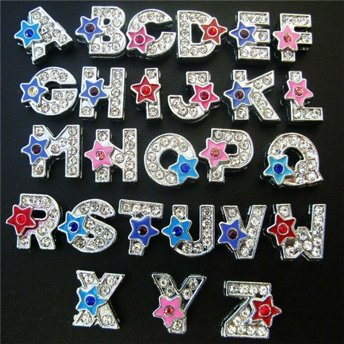 Star Rhinestone 8mm Slide Letters Charms Alphabet Alloy Fit Bracelet Wristband Collar Key Chain Belt DIY Jewelry Women Kids Gift