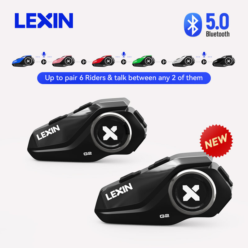 Lexin-intercomunicador G2P 2 piezas para casco de motocicleta, V5.0 con Bluetooth auriculares inalámbricos, para conectar a 6 conductores y hablar entre 2 de ellos