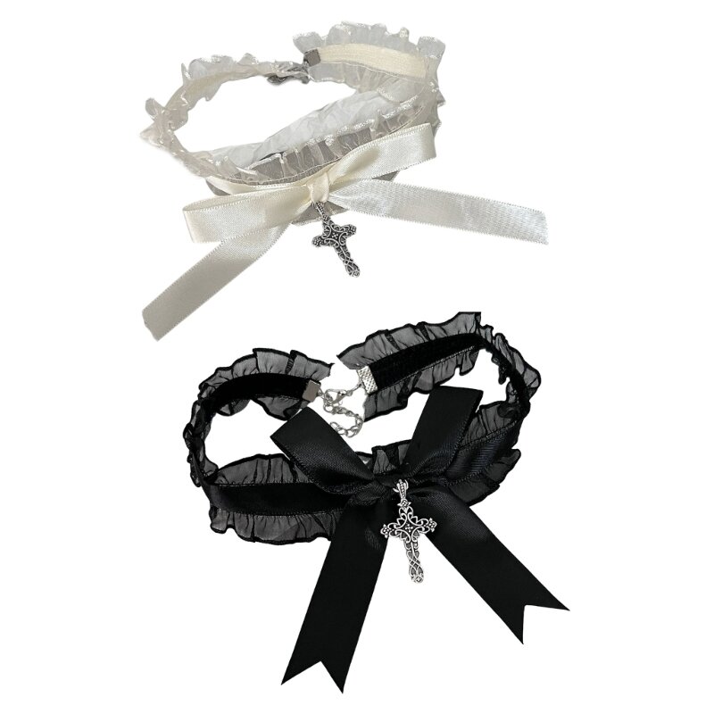 Ruffle Lace Choker Bowknot Crosses Charm Neckwear Maid Sweet Collar Accessories