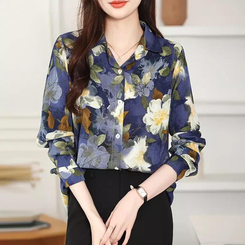 여성용 빈티지 쉬폰 셔츠, 폴로 넥 블라우스, 루즈핏 긴팔 상의, 한국 2024 패션 의류, 여름 프린트