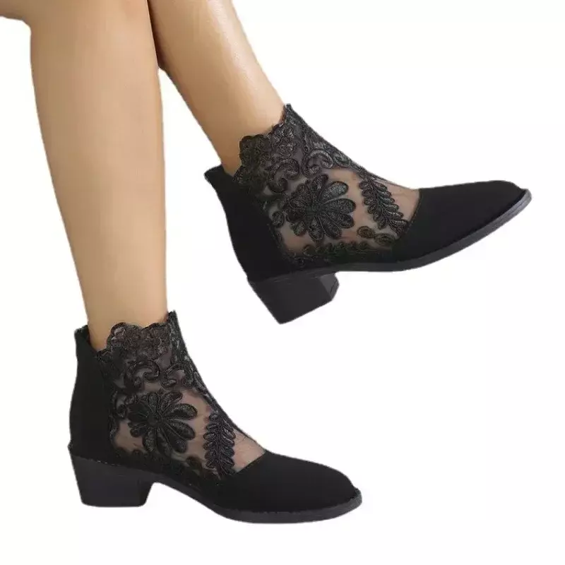 2024 Summer Women' Shoes Back Zipper Ankle Boots Fashion Office Boots Women's Floral Lace Ladies Round Toe Square Heels Shoes