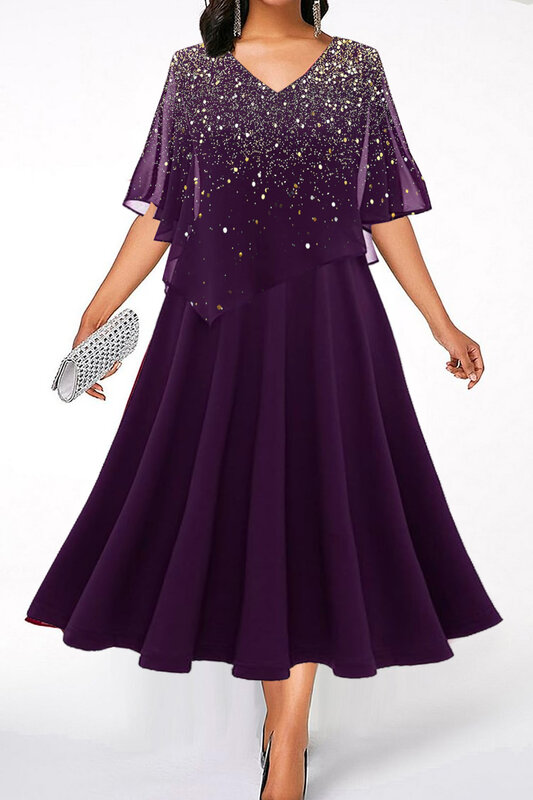 Flycurvy-Vestido largo asimétrico con estampado de purpurina de gasa púrpura, talla grande, informal