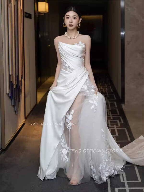 Seksowna satyna jedwabna koreańska suknie ślubne syrenka bez ramiączek sukienka na formalną imprezę aplikacje koronkowe z wysokim rozciętym odcinkiem niestandardowa suknia ślubna