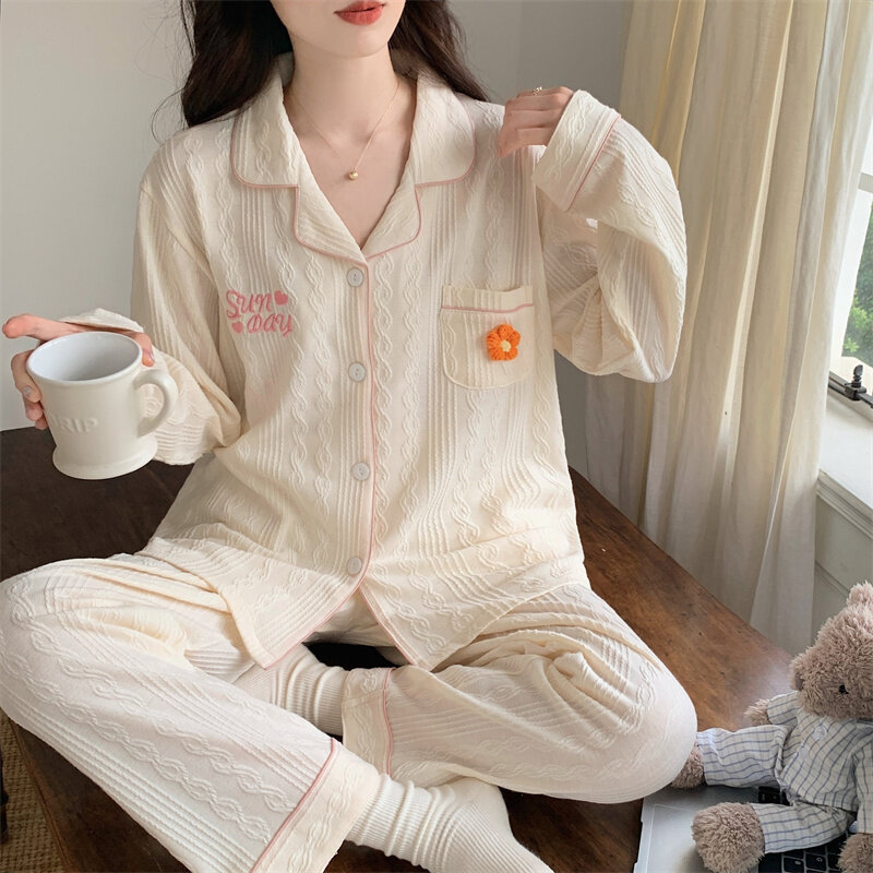 Frühling Herbst Frauen dünne Baumwolle Pyjama Langarm Cardigan Hose übergroße Home Kleidung Set süße süße Mädchen Nachtwäsche