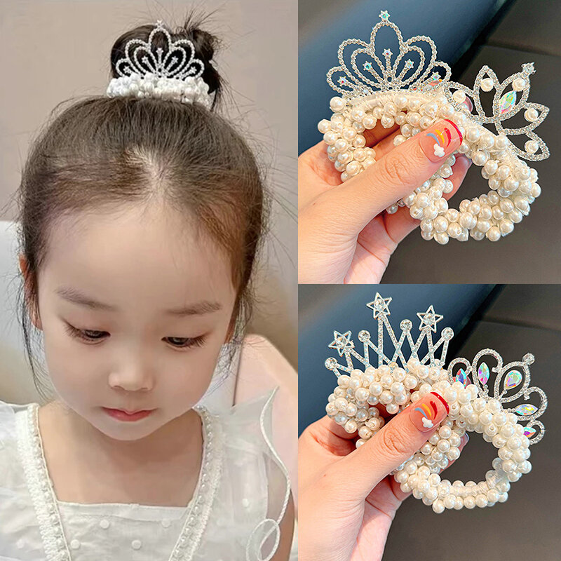 Bandes de cheveux élastiques en caoutchouc pour enfants, couronne de perles, princesse, boule, attaches pour chignon, accessoires de coiffure, mode