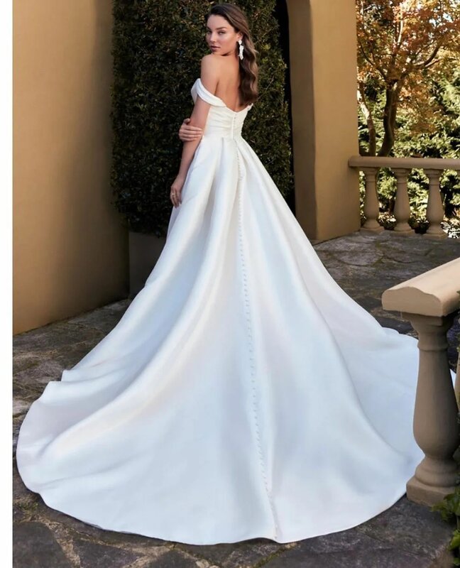 Robe de mariée trapèze sexy en satin pour femme, robe de mariée, épaules dénudées, fendue sur le côté, mesure personnalisée, superbe