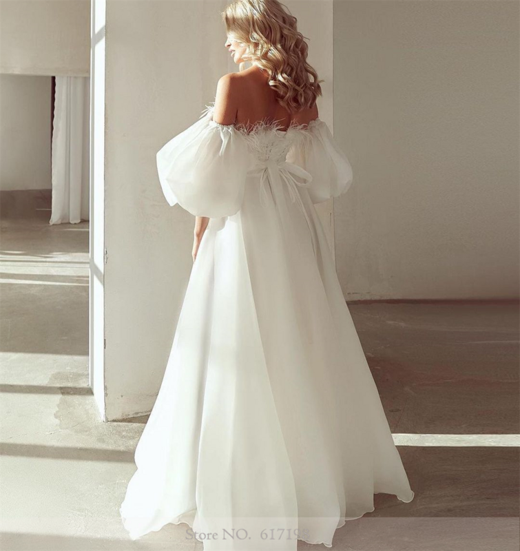 فستان زفاف طويل بالريش ، طوق قارب ، شيفون ، على شكل حرف A ، كم منفوخ قابل للإزالة ، فساتين زفاف للعرائس
