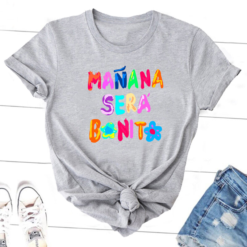 Manana-Camiseta de manga corta con estampado para mujer, Camisa estampada de algodón con cuello redondo, bonita, Bichota, Karol G
