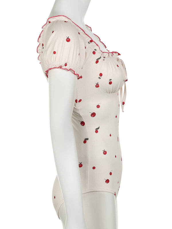 IAMSURE-bodysuits estampados com cerejas doces para mulheres, macacão sem costas, cordão, sexy slim, gola quadrada, manga curta, moda verão
