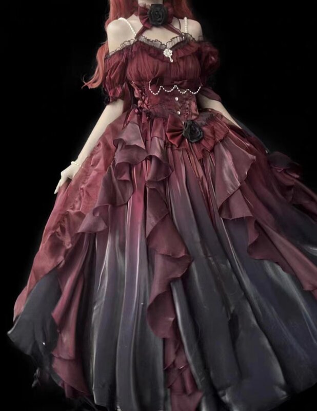 Costume da Lolita sposato con rosa rossa Costume di Halloween vestito con pompon abito da principessa orlo irregolare