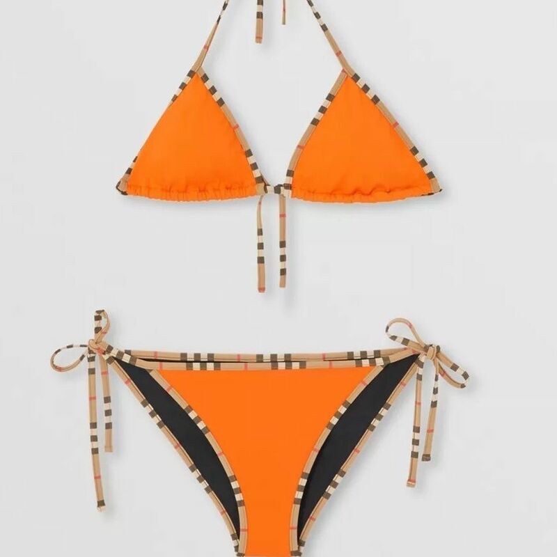 Baju renang wanita seksi, dada kecil berkumpul buka belakang gantung leher mode tali serut dicetak Split segitiga Bikini