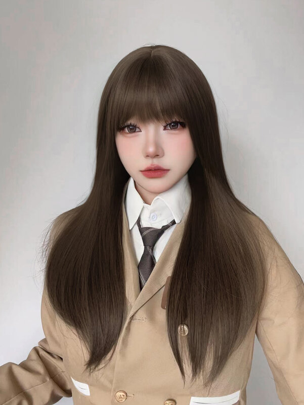 Lolita-pelucas sintéticas de estilo Preppy marrón fresco con flequillo para mujer, peluca larga de pelo liso Natural, resistente al calor diario, 24 pulgadas