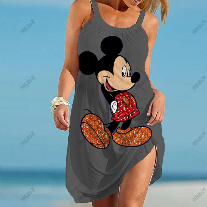 Women Disney Print O-Neck Beach Dress Mickey Mouse sleeveless- Stylish Swim Cover Up and Casual Summer Dress for Women