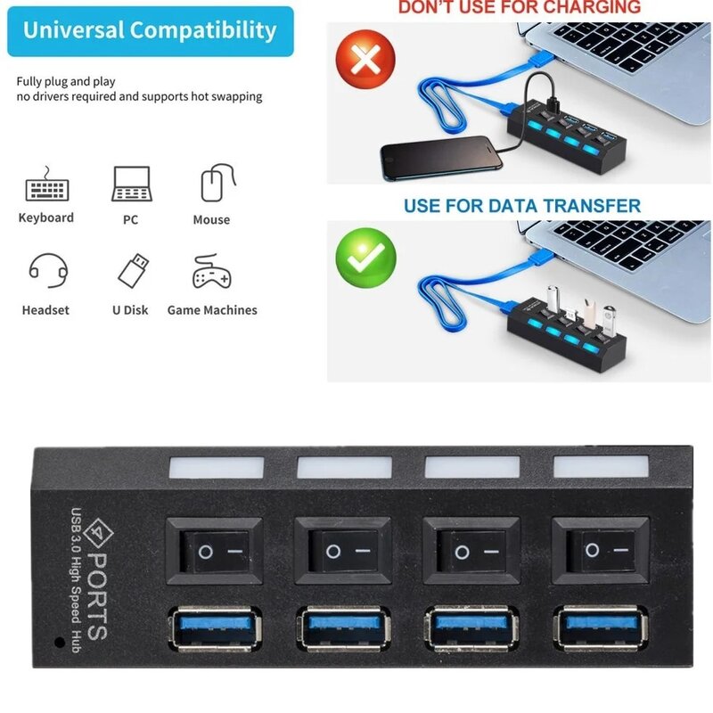 Alta Velocidade Multi Splitter com Interruptor de Lâmpada LED, Hub USB 3.0, Adaptador 2.0, Extensor Múltiplo, Expansor para PC, Laptop, 4 Portas, 7 Portas