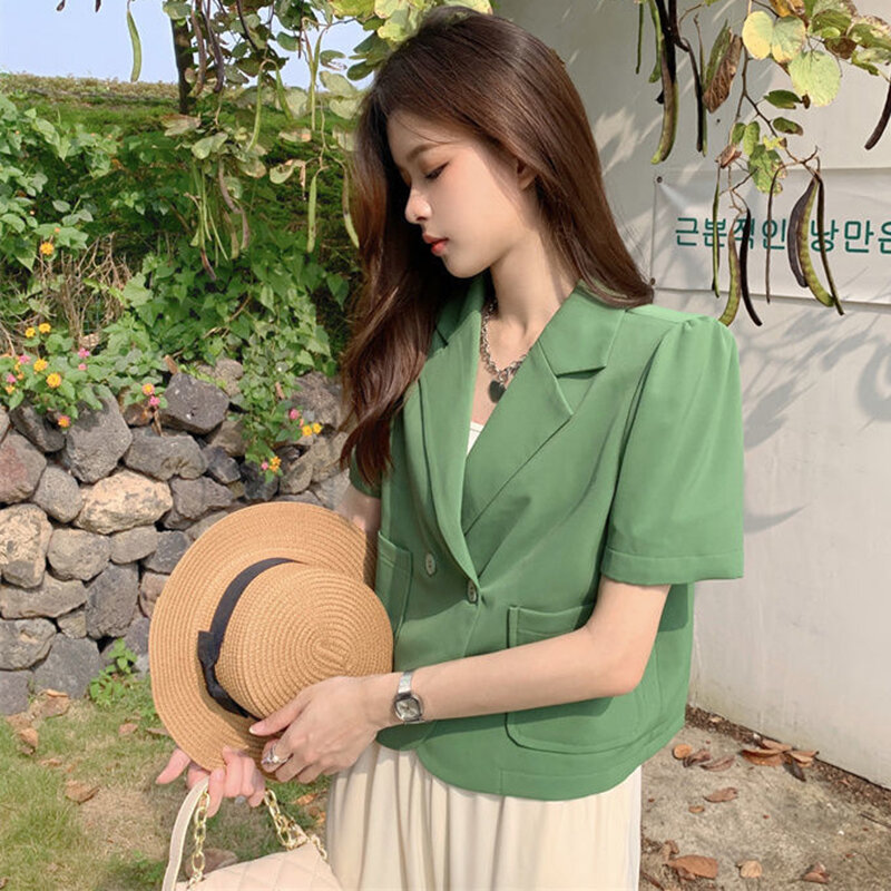 Summer Korean Cropped Blazers for Women Thin Short Sleeve Suit Jacket Woman Solid Color Single Breasted Office Outwear Ladies