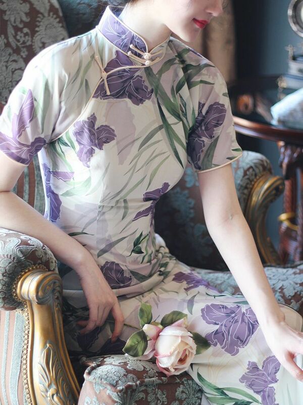Chinese Jurk Vintage Bloemenprint Qipao Vrouwen Oosterse Etnische Jurk Cheongsam Vrouwelijke Elegante Avondjurk Feest Bloemen Qipao