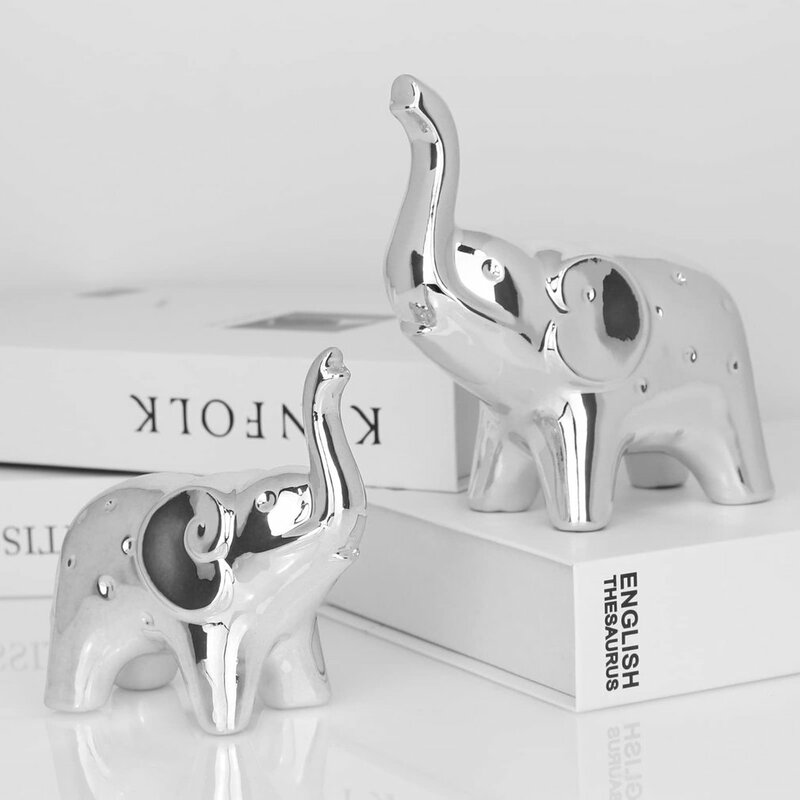 홈 데코레이션용 코끼리 조각상 한 쌍, 모던 스타일 피규어, 사무실 책상 또는 거실용 조각 (실버 세라믹)