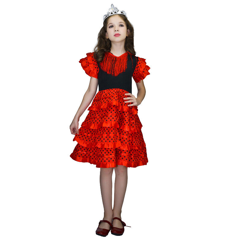 Vestido de baile español tradicional para niñas, falda de lunares con borlas, estilo clásico Flamenco Gitano, cuatro colores
