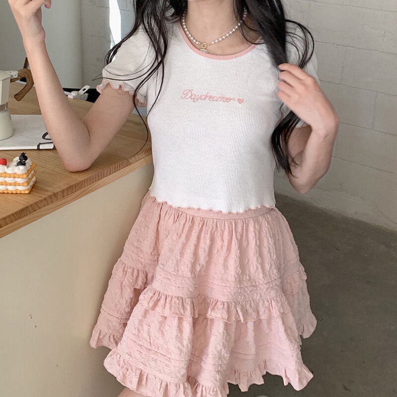 Милая женская мини-юбка в японском стиле Deeptown, многослойная Милая Короткая юбка в стиле «лолита» с оборками, элегантная кружевная трапециевидная юбка розового цвета