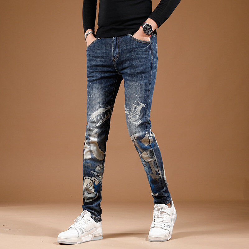 2024 new fashion printed personalized jeans for men's street slim fit elastic feet high end trendy denim pants