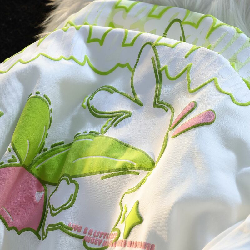 Kawaii แฟชั่นแขนสั้นผู้หญิงสไตล์ฝรั่งเศส Avocado สีเขียวลายการ์ตูนกระต่ายคู่สดใสขนาดเล็ก Outerwear เสื้อยืดฤดูร้อน
