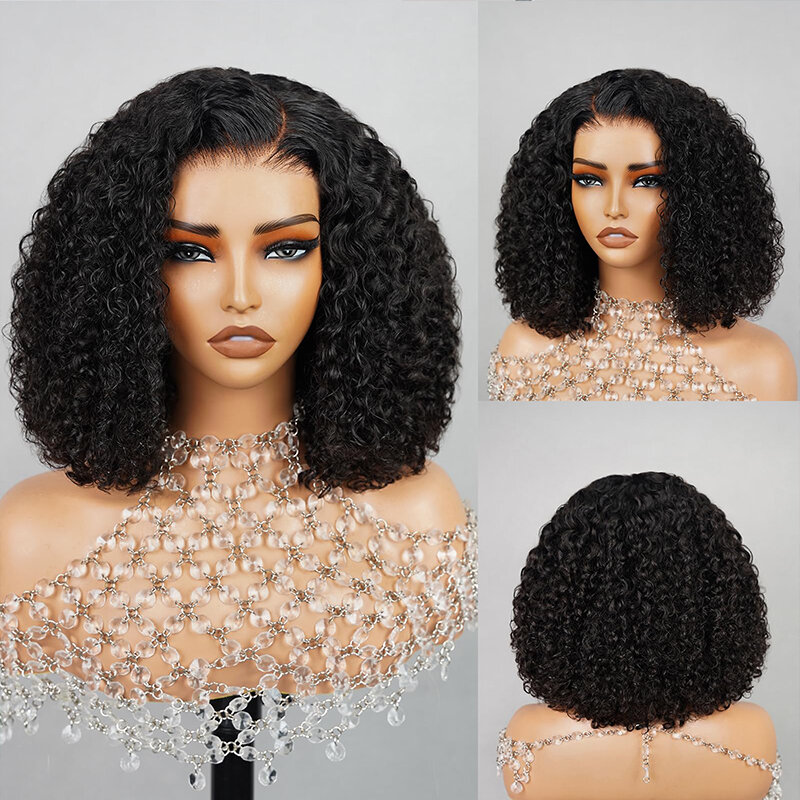 200% Density 13x4 Lace Frontal Jerry Curly Human Hair Wigs Short Bob Style Pre-Plucked Indian Virgin Hair Natural Color 10-16In