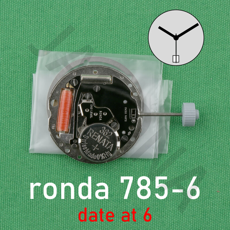 Ronda-Swiss Movimento Quartz com Data Reparação Acessórios, normtech, 3 mãos, 785-6