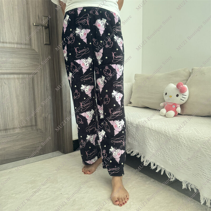 Sanrio-Calças de pijama Hello Kitty para mulheres, veludo coral, elástico, macio, confortável, meninas, presentes para casa, fofo, desenhos animados, Kuromi