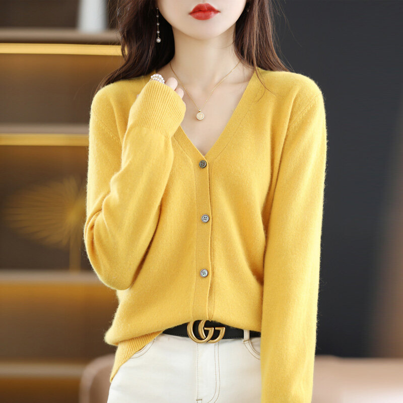 Knitted Cardigan Women's Thin Sweater Coat 2022 Spring Autumn New Style Woolen Sweater Round Neck Top Loose Outer Wear All-Match